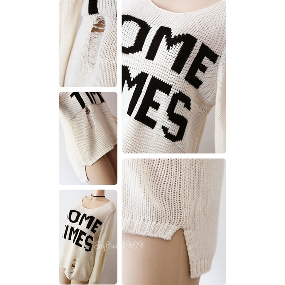 Last☝️Cream Black SOMETIMES Distress Long Sweater - Picture 4 of 8
